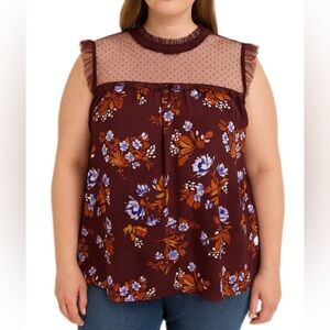 Arizona Jean Co. Floral Mesh Yoke Blouse – Maroon Multi – Size XXL
